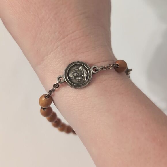838 Wood Beaded Silver Chain Link Silver Cross and Charm Religious Bracelet - Picture 2 of 4